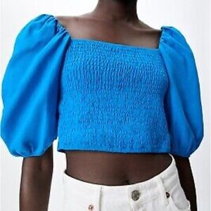 Blue Zara Puff-Sleeve Top